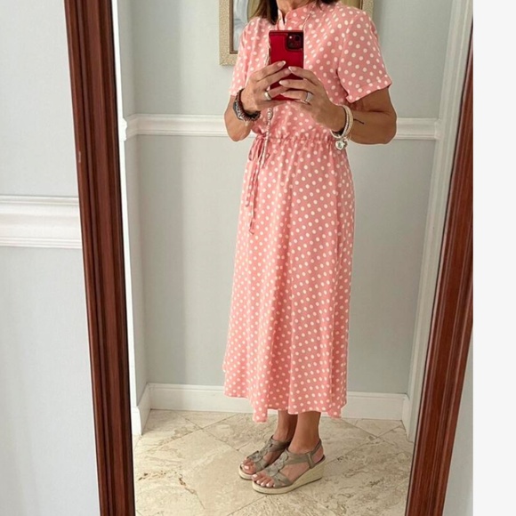Pink Polka Dot Dress Midi Drawstring Ties Short Sleeve - Picture 10 of 11